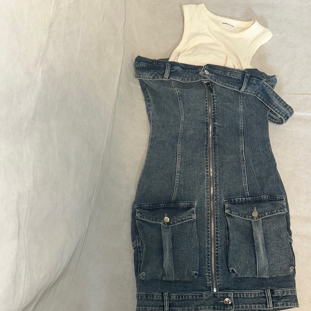 Denim Zip-Up Dress with Cream Top